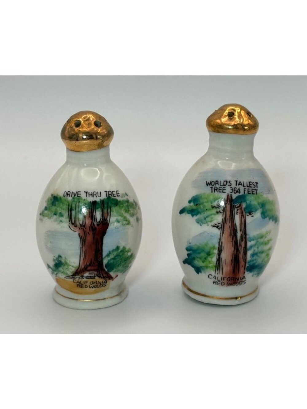 Vintage Victoria Ceramics California Redwood Salt & Pepper Shakers Gold Tops